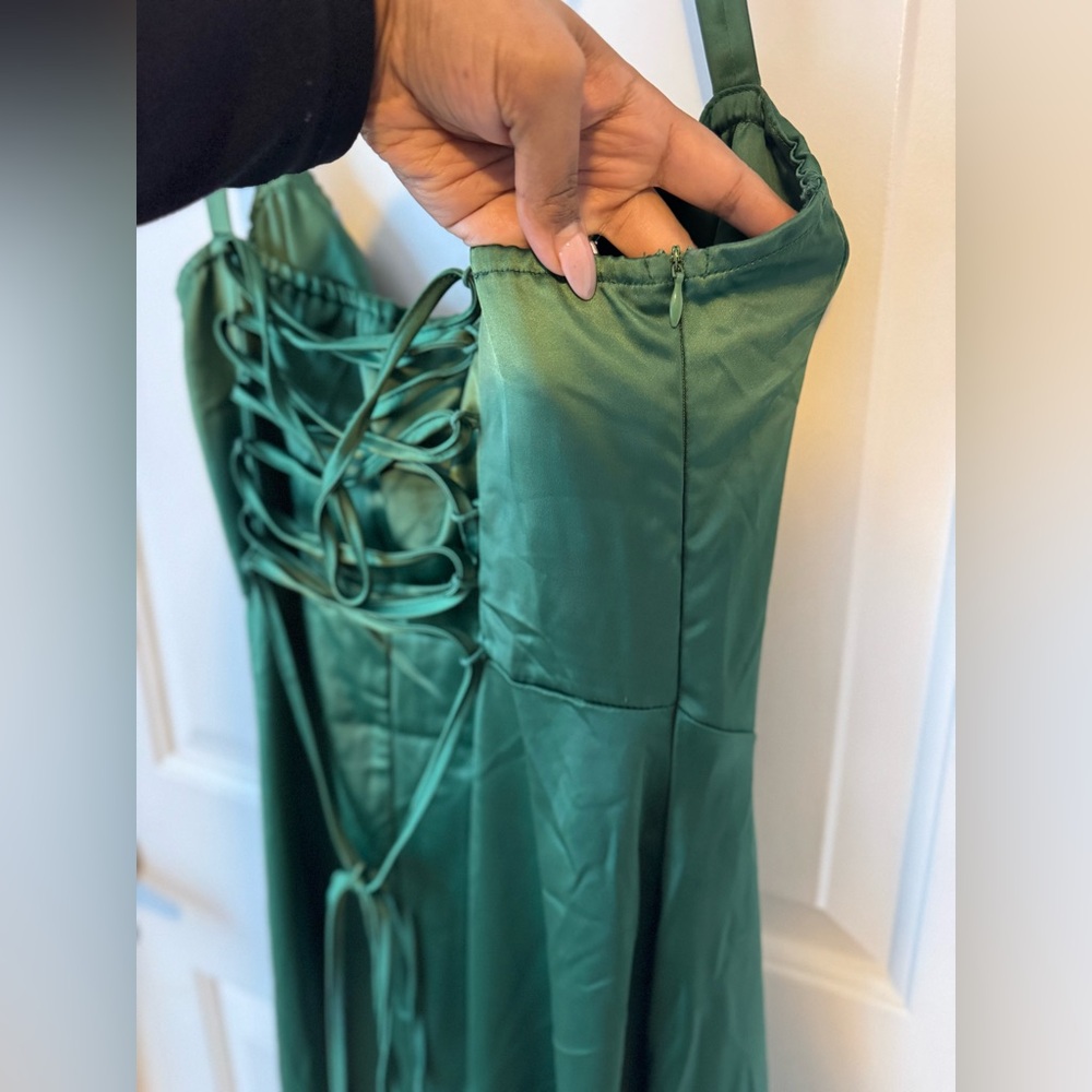Emerald Forest Green Satin Midi Dress with Boning!! - Picture 4 of 5